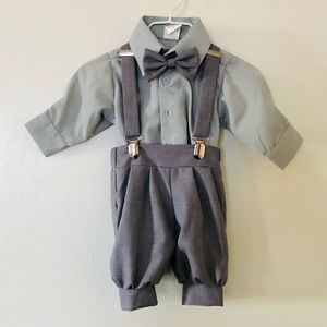 Gray Baby Boy Suit, 4 Pieces: Button Up Shirt, Pants, Suspenders, Bowtie, 6 Mo